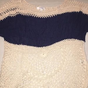 Navy blue and cream knit top